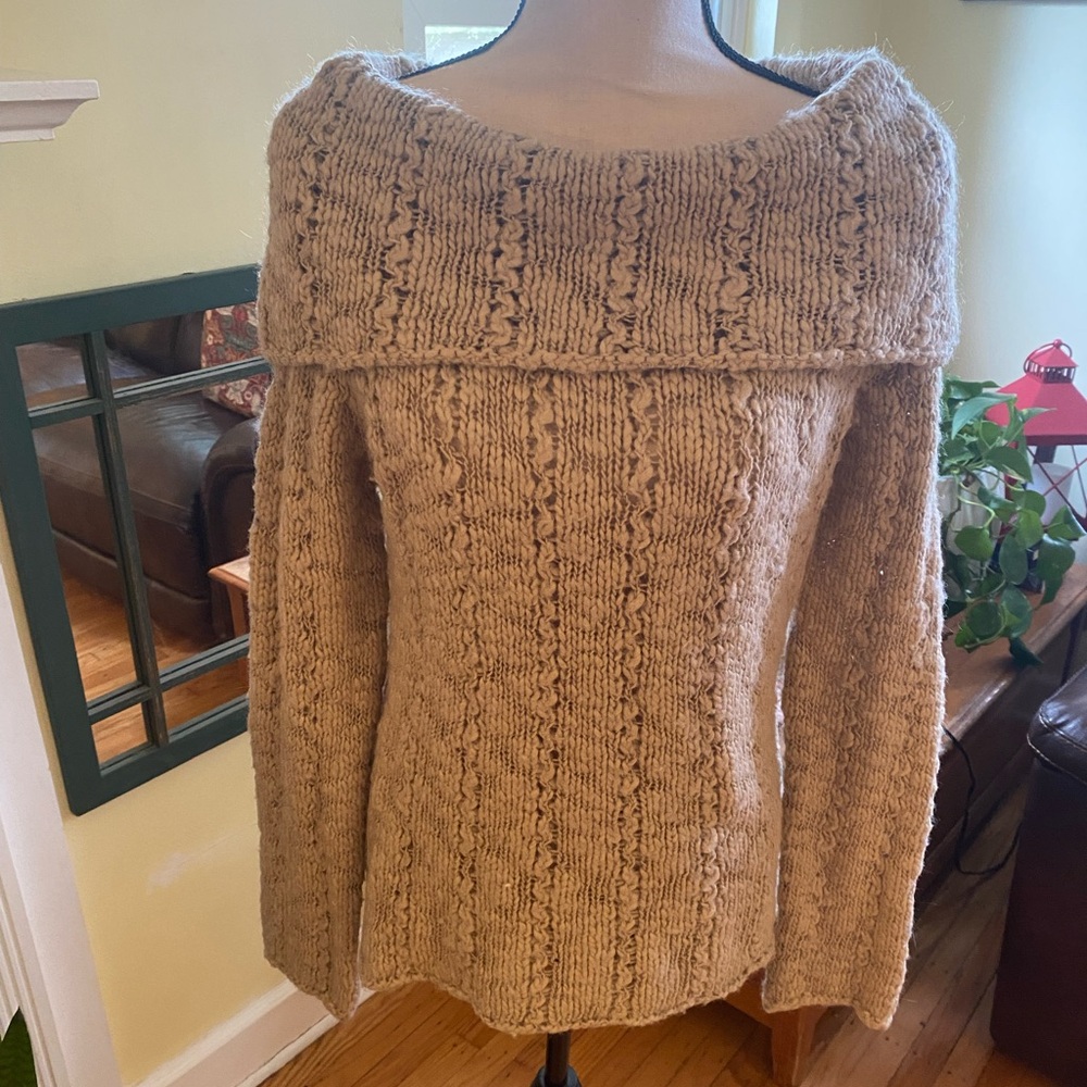 Silvia Novelli Wool Blend Cowl Neck Sweater Cable Knit Tan Women's M Italy